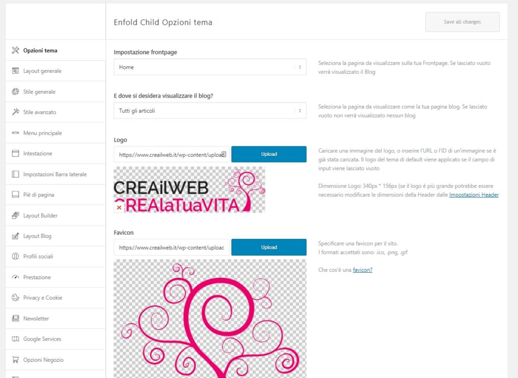 Enfold tema wordpress pannello