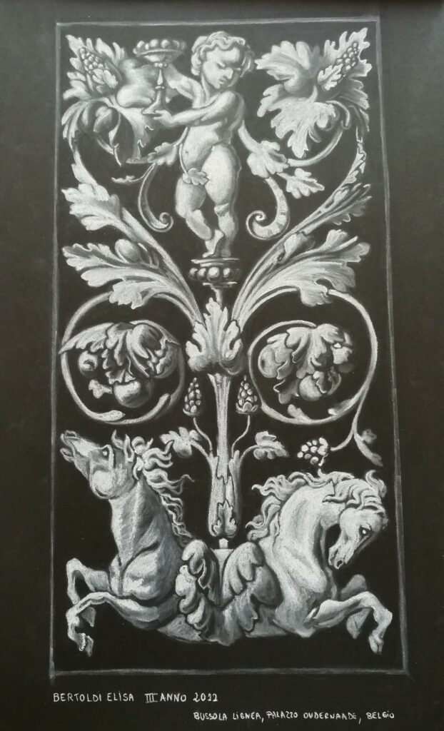 Putto with horses with white pastel on black cardboard