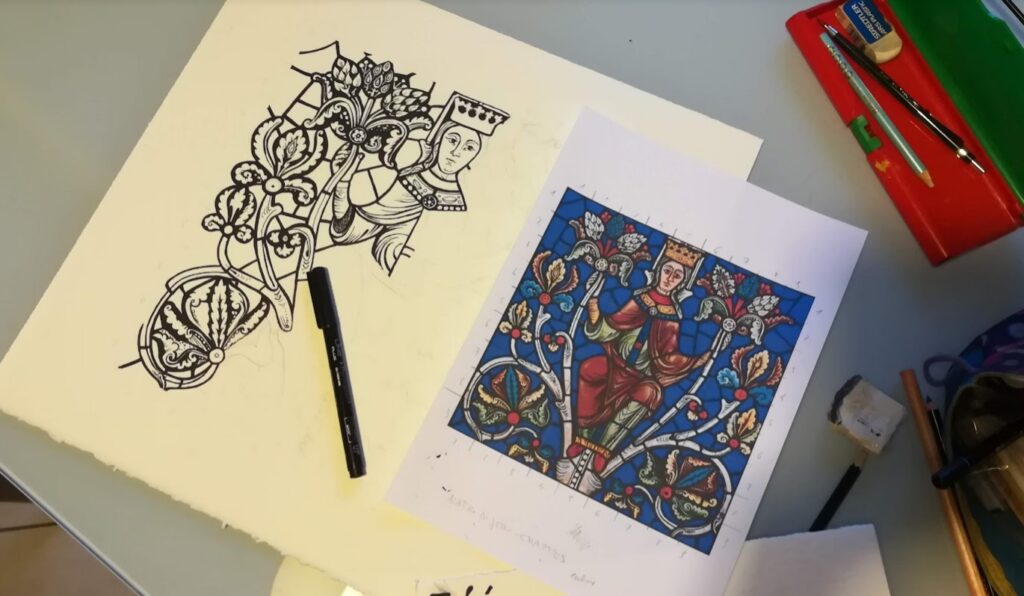 Reproduction of a Chartres stained glass window with marker and Ecoline