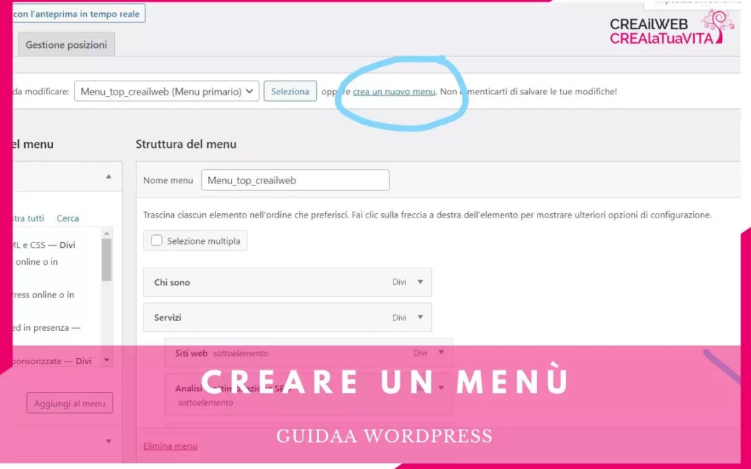 creare e modificare il menu in wordpress