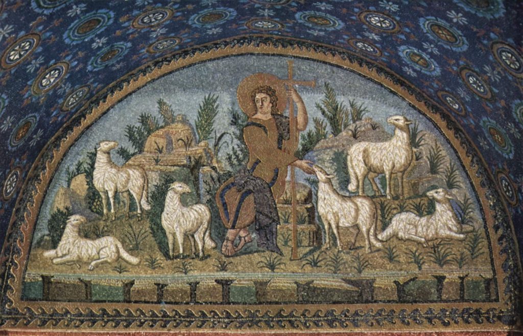 Gesù il buon pastore. Celebre opera musiva del Mausoleo di Galla Placidia, a Ravenna.