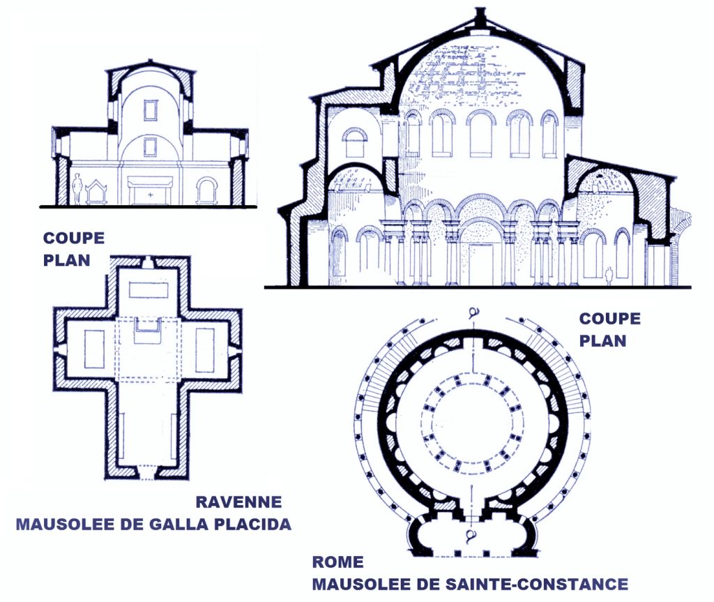 piante del Mausoleo di Santa Costanza a Roma e di Galla Placidia a Ravenna